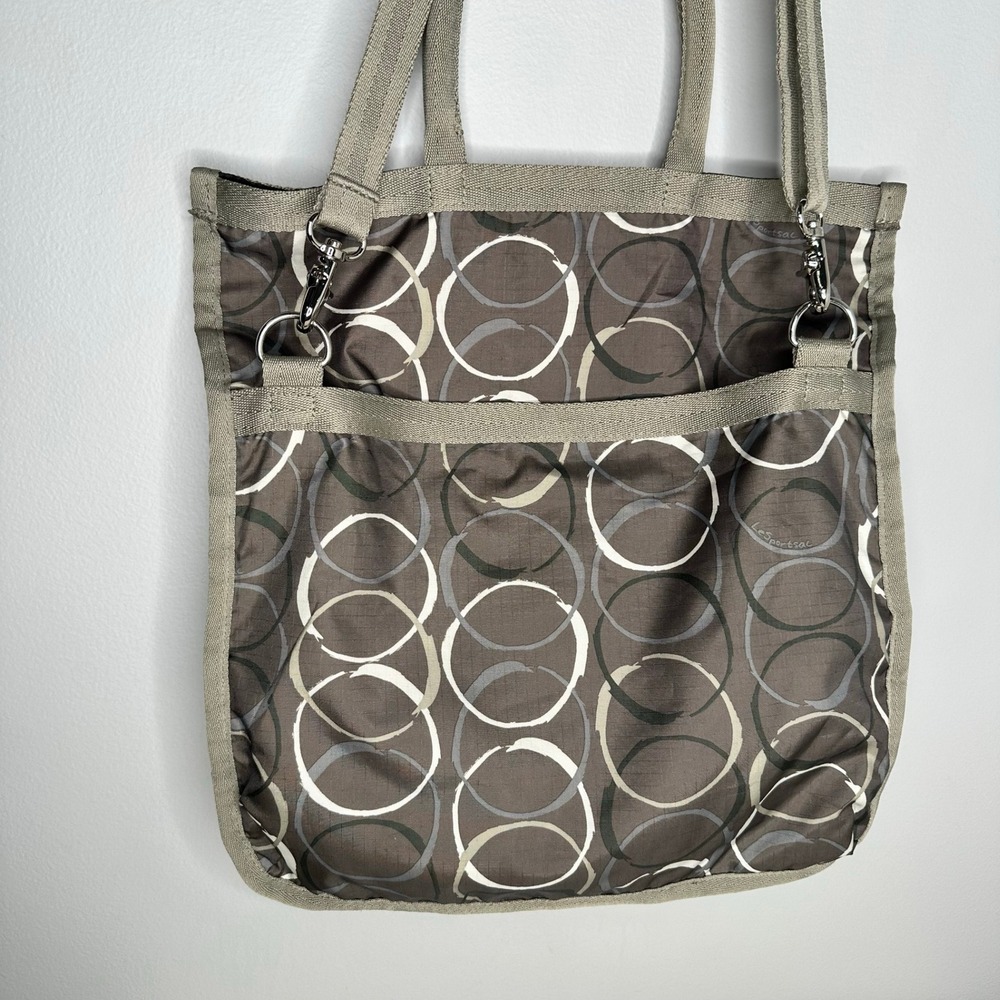 Le Sportsac Foldover Tote Crossbody Circles Large Bag Neutral - Picture 6 of 13